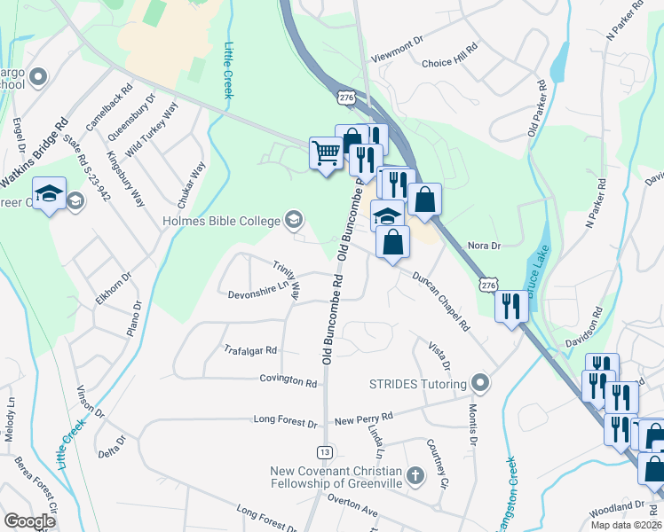 map of restaurants, bars, coffee shops, grocery stores, and more near 2 Devonshire Lane in Greenville