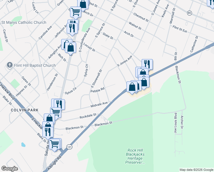 map of restaurants, bars, coffee shops, grocery stores, and more near 987 Pebble Road in Rock Hill