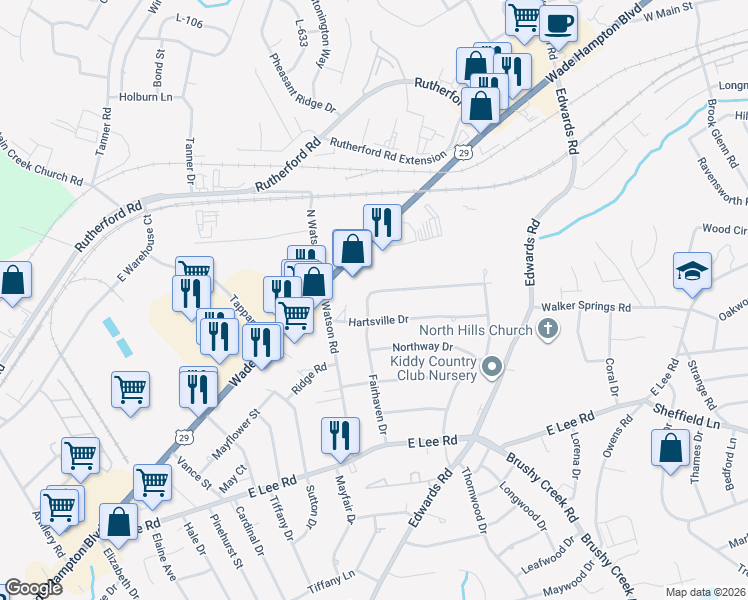 map of restaurants, bars, coffee shops, grocery stores, and more near 407 Fairhaven Drive in Taylors