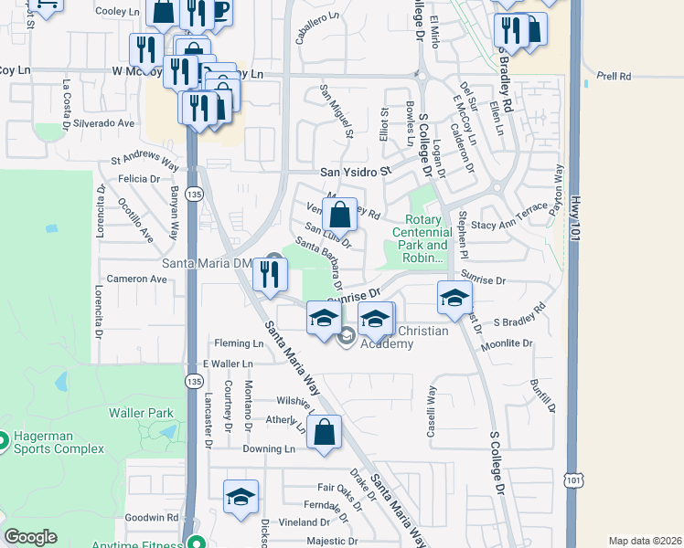 map of restaurants, bars, coffee shops, grocery stores, and more near 508 Capistrano Lane in Santa Maria