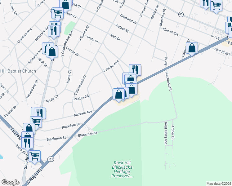 map of restaurants, bars, coffee shops, grocery stores, and more near 768 Rockwood Drive in Rock Hill