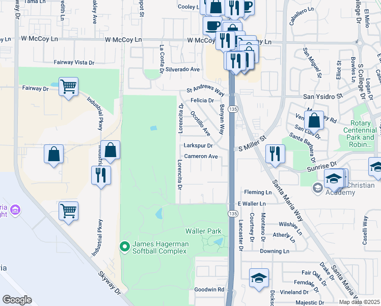 map of restaurants, bars, coffee shops, grocery stores, and more near 379 Cameron Avenue in Santa Maria
