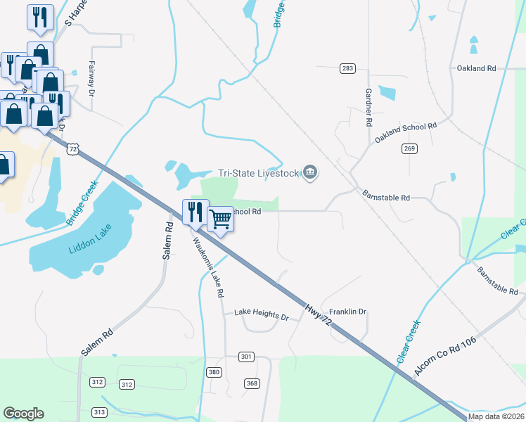 map of restaurants, bars, coffee shops, grocery stores, and more near 27 Oakland School Road in Corinth