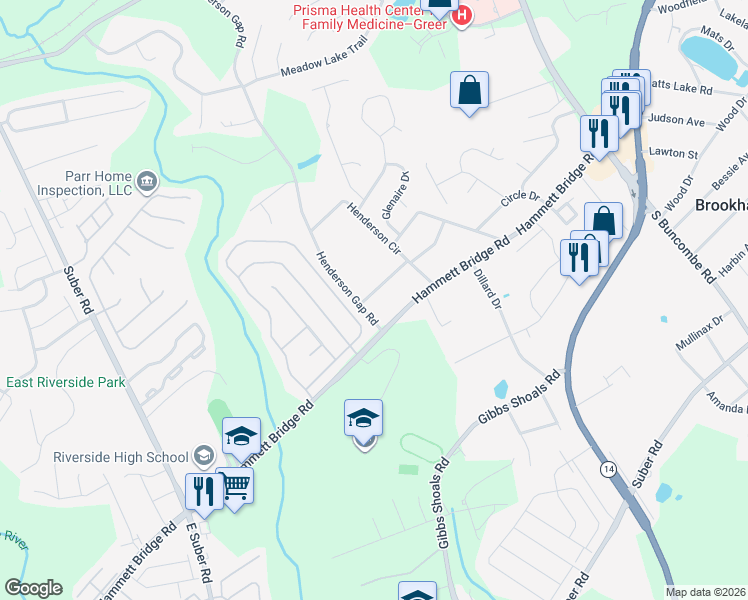 map of restaurants, bars, coffee shops, grocery stores, and more near 515 Longview Terrace in Greer