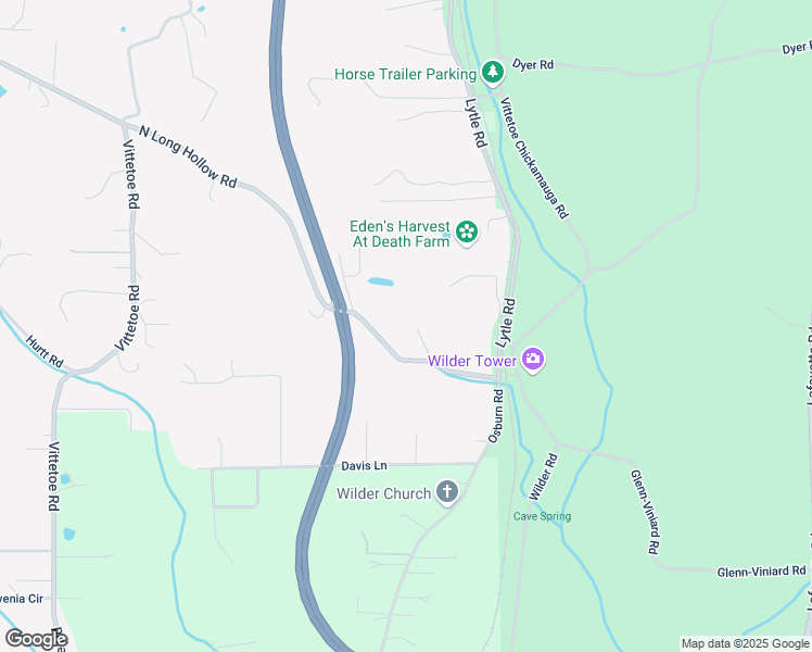 map of restaurants, bars, coffee shops, grocery stores, and more near 308 North Long Hollow Road in Chickamauga