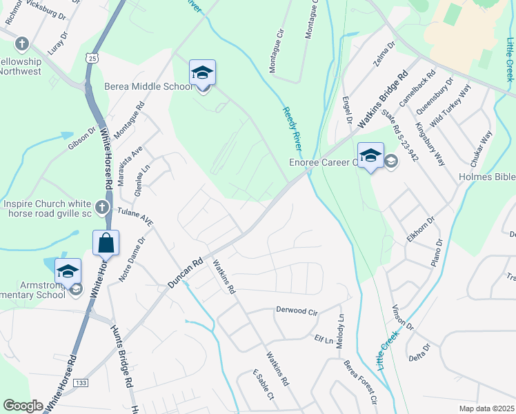 map of restaurants, bars, coffee shops, grocery stores, and more near 533 Berea Middle School Road in Greenville