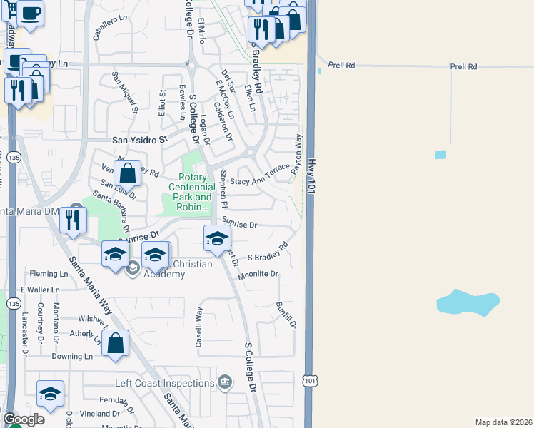 map of restaurants, bars, coffee shops, grocery stores, and more near 942 Louisa Terrace in Santa Maria