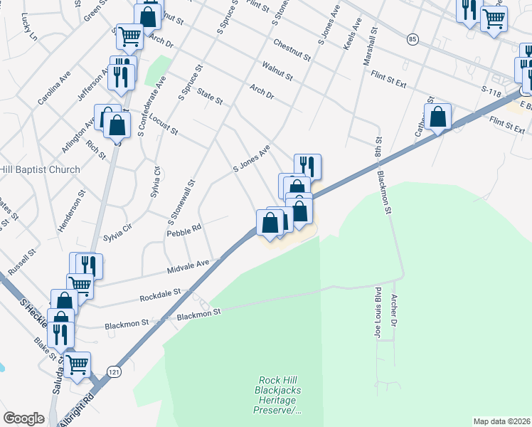 map of restaurants, bars, coffee shops, grocery stores, and more near 768 Rockwood Drive in Rock Hill