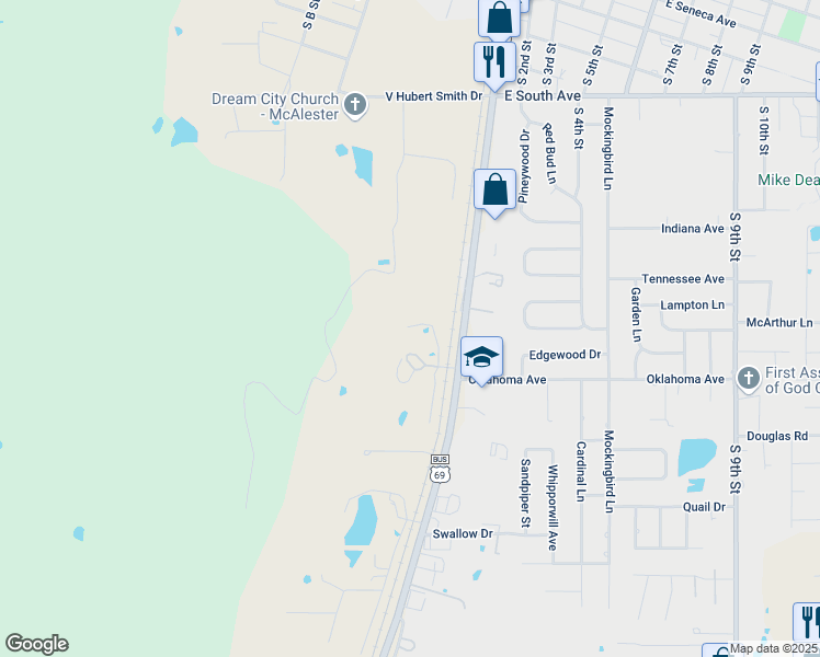 map of restaurants, bars, coffee shops, grocery stores, and more near 44 Wagner Way in McAlester