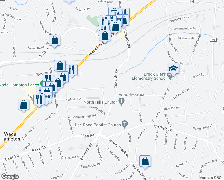 map of restaurants, bars, coffee shops, grocery stores, and more near 5003 Edwards Road in Taylors