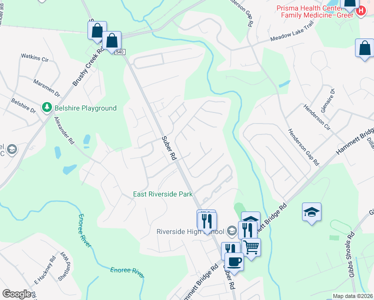 map of restaurants, bars, coffee shops, grocery stores, and more near 6 Woolridge Way in Greer