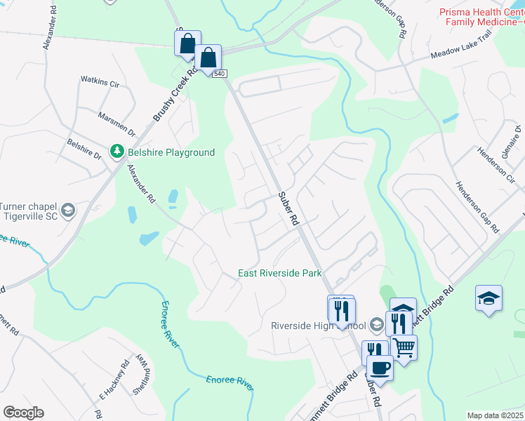 map of restaurants, bars, coffee shops, grocery stores, and more near 203 Keelin Lane in Greer