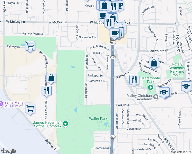 map of restaurants, bars, coffee shops, grocery stores, and more near 302 Larkspur Drive in Santa Maria