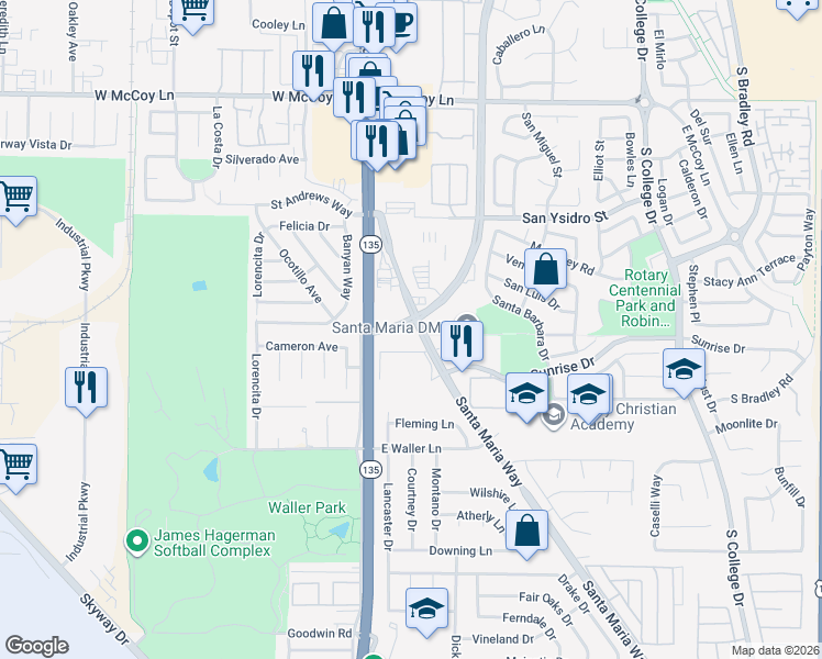 map of restaurants, bars, coffee shops, grocery stores, and more near 2771 Santa Maria Way in Santa Maria
