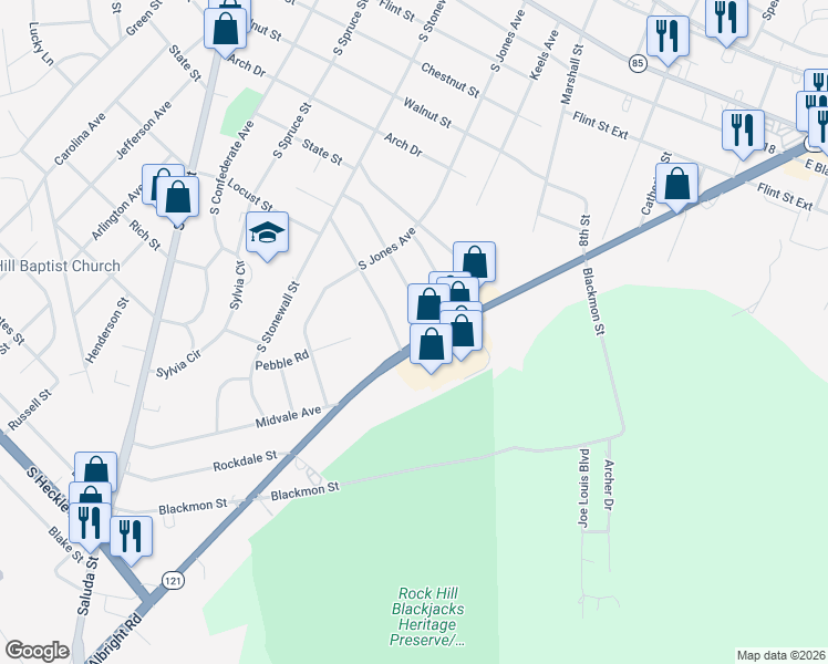 map of restaurants, bars, coffee shops, grocery stores, and more near 768 Rockwood Drive in Rock Hill