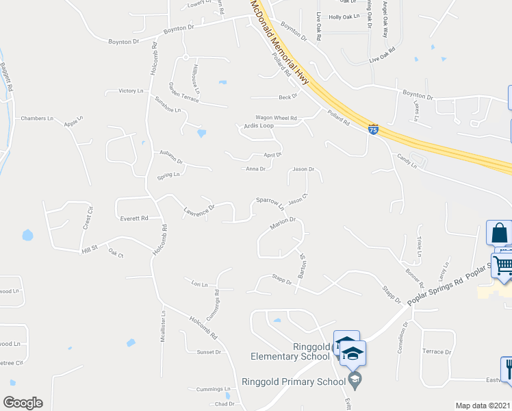 map of restaurants, bars, coffee shops, grocery stores, and more near 151 Sparrow Lane in Ringgold