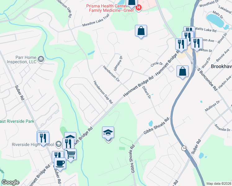map of restaurants, bars, coffee shops, grocery stores, and more near 515 Longview Terrace in Greer