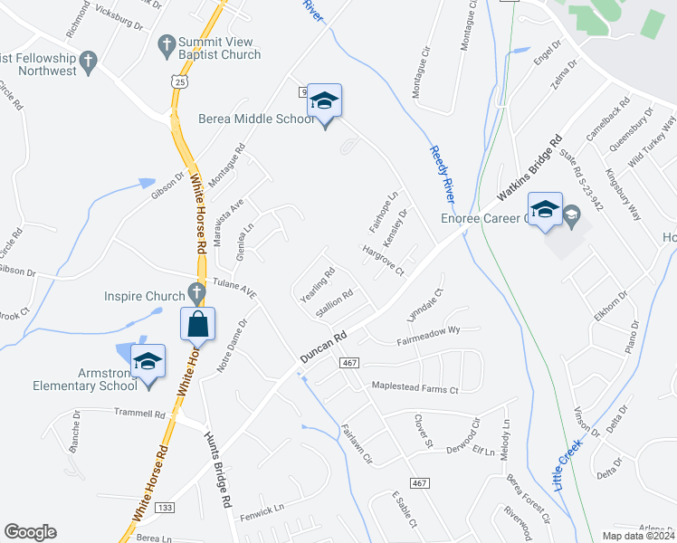 map of restaurants, bars, coffee shops, grocery stores, and more near 501 Yearling Road in Greenville
