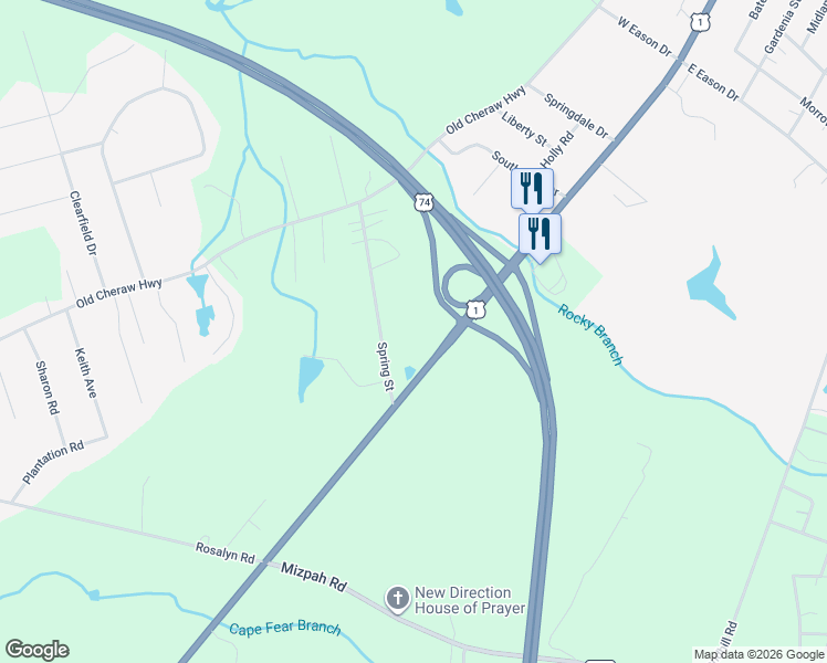 map of restaurants, bars, coffee shops, grocery stores, and more near 552 US Highway 1 South in Rockingham