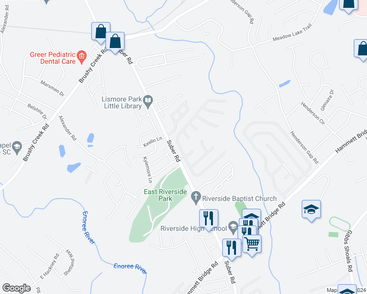 map of restaurants, bars, coffee shops, grocery stores, and more near 6 Woolridge Way in Greer