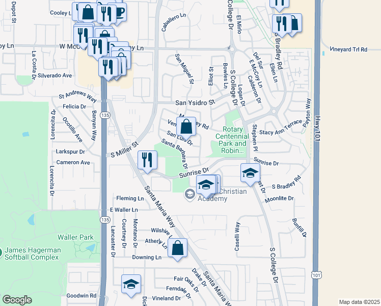 map of restaurants, bars, coffee shops, grocery stores, and more near 515 Capistrano Lane in Santa Maria