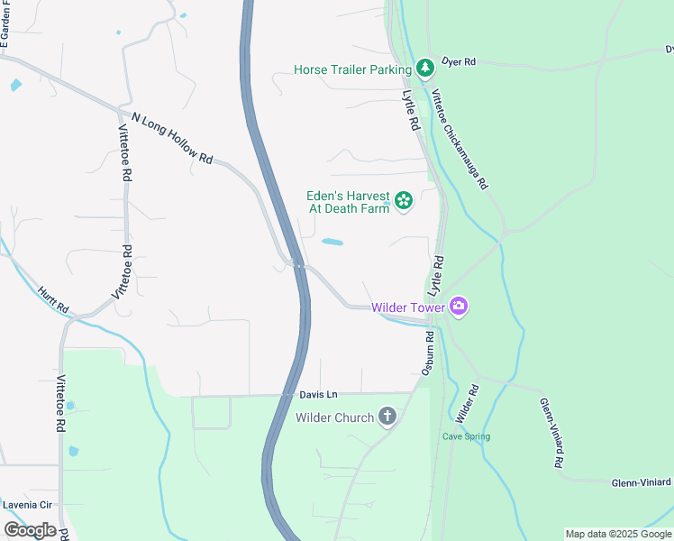 map of restaurants, bars, coffee shops, grocery stores, and more near 308 North Long Hollow Road in Chickamauga