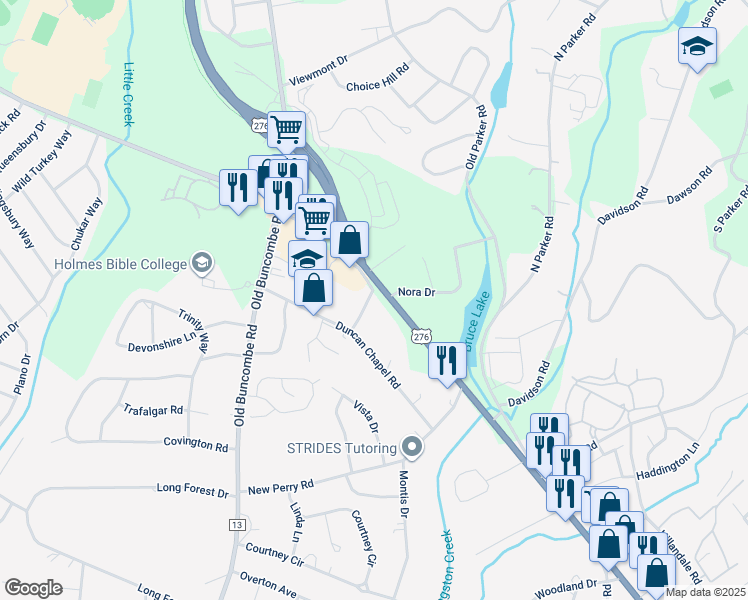 map of restaurants, bars, coffee shops, grocery stores, and more near 2825 Poinsett Highway in Greenville