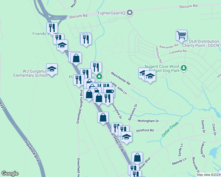 map of restaurants, bars, coffee shops, grocery stores, and more near 202 Devonshire Drive in Havelock