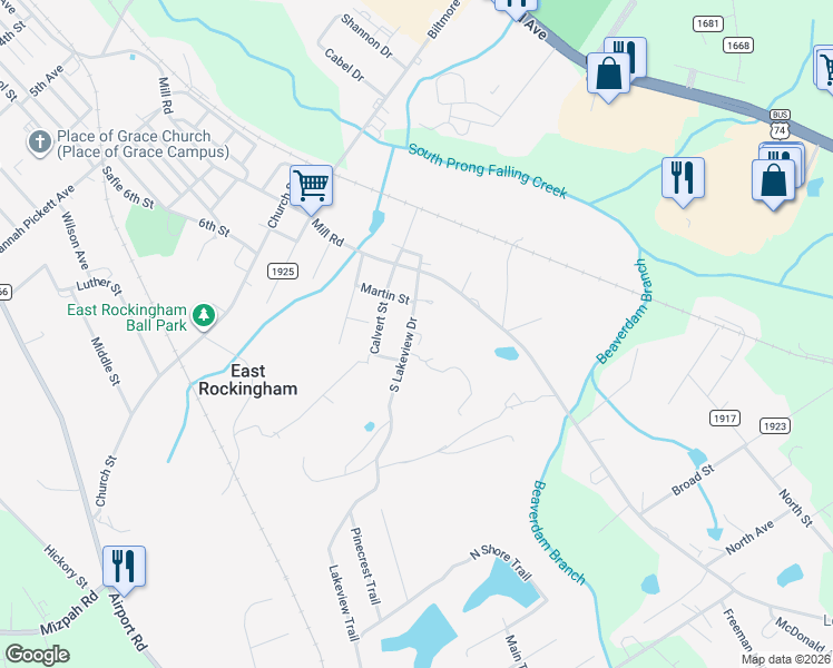 map of restaurants, bars, coffee shops, grocery stores, and more near 179 South Lakeview Drive in Rockingham