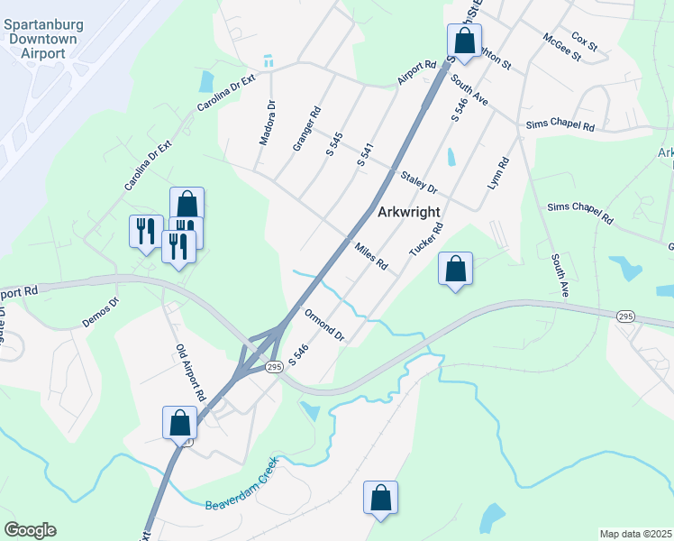 map of restaurants, bars, coffee shops, grocery stores, and more near 3340 South Church Street Extension in Spartanburg
