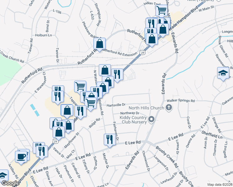 map of restaurants, bars, coffee shops, grocery stores, and more near 407 Fairhaven Drive in Taylors