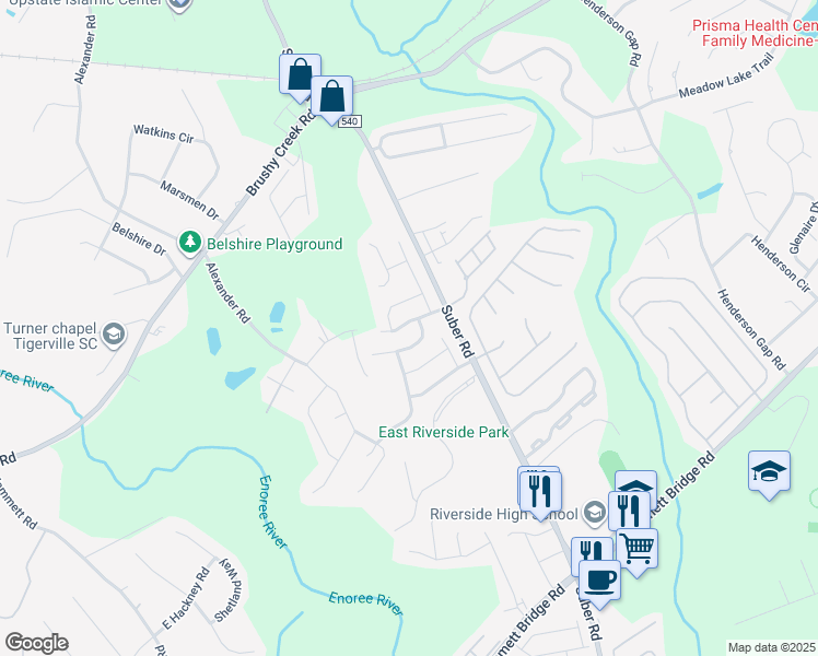map of restaurants, bars, coffee shops, grocery stores, and more near 203 Keelin Lane in Greer