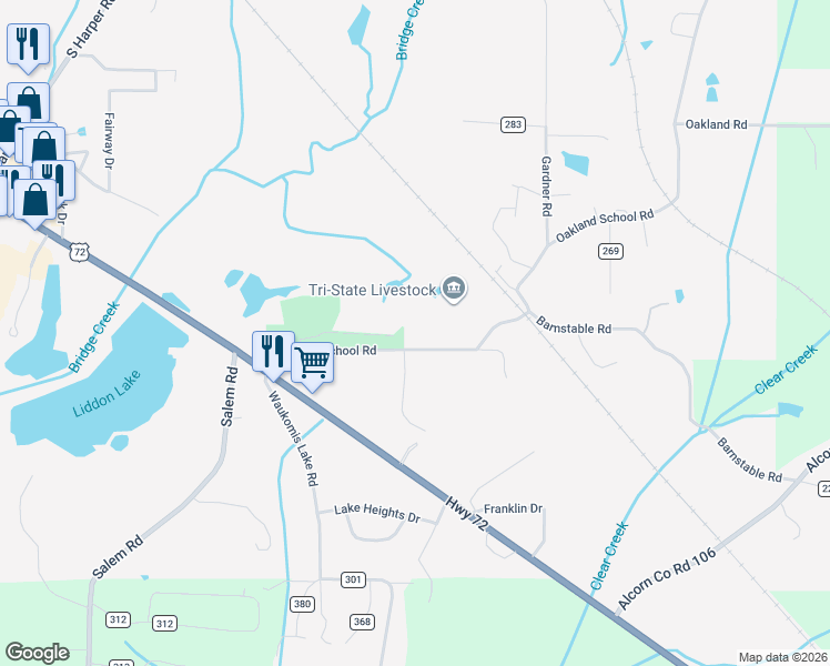 map of restaurants, bars, coffee shops, grocery stores, and more near 27-53 Oakland School Road in Corinth