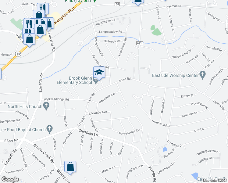 map of restaurants, bars, coffee shops, grocery stores, and more near 6 Oakwood Avenue in Taylors