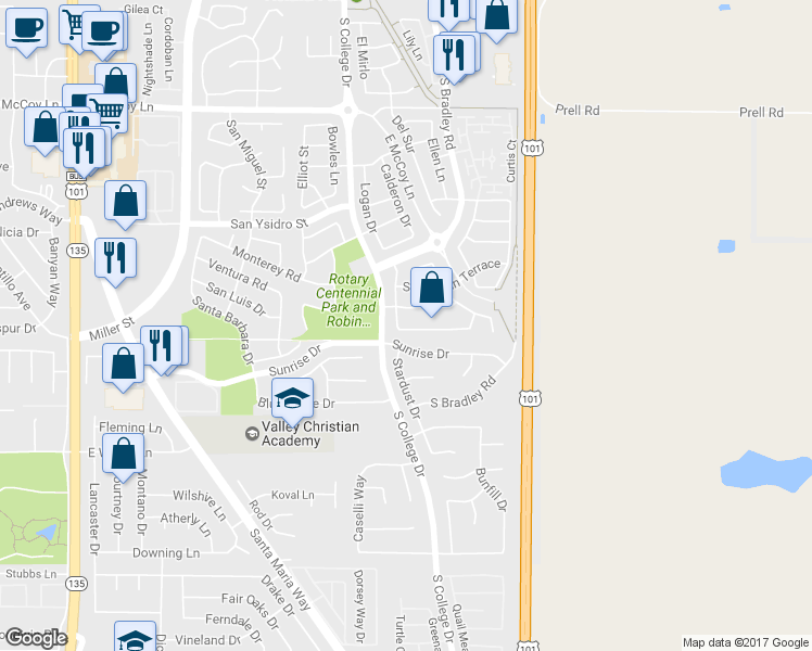 map of restaurants, bars, coffee shops, grocery stores, and more near 2746 Stephen Place in Santa Maria