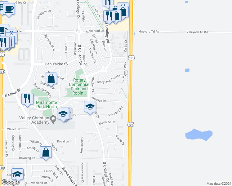 map of restaurants, bars, coffee shops, grocery stores, and more near 942 Louisa Terrace in Santa Maria