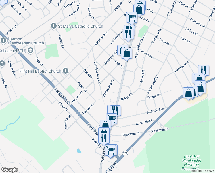 map of restaurants, bars, coffee shops, grocery stores, and more near 1034 Henderson Street in Rock Hill