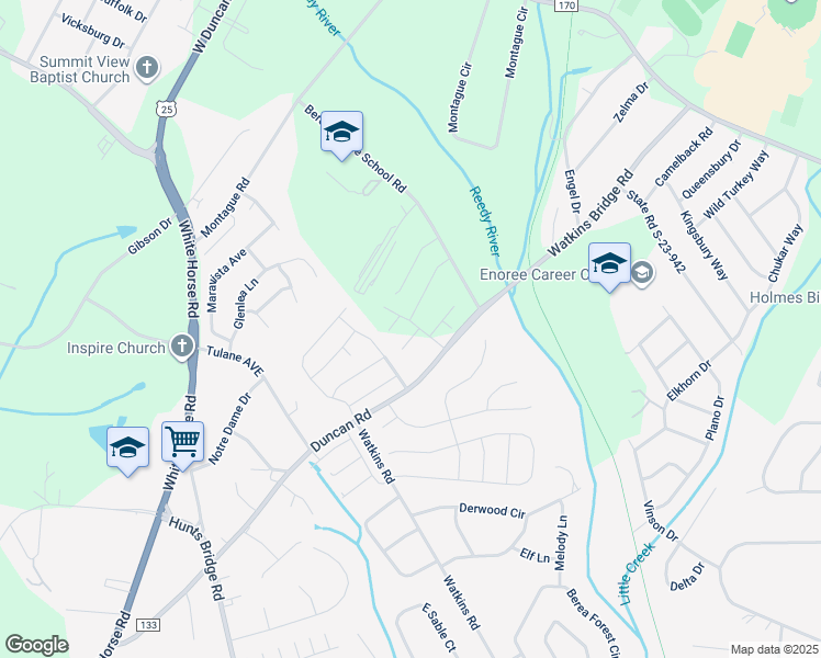 map of restaurants, bars, coffee shops, grocery stores, and more near 902 Leyburn Lane in Greenville