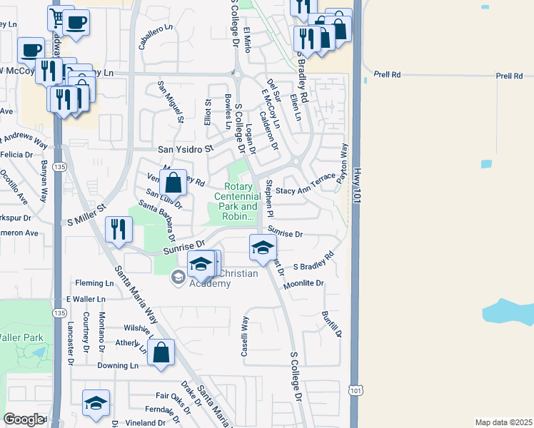 map of restaurants, bars, coffee shops, grocery stores, and more near 2746 Stephen Place in Santa Maria