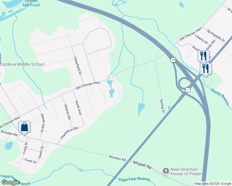 map of restaurants, bars, coffee shops, grocery stores, and more near 120 Winsor Drive in Rockingham