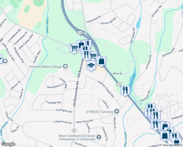 map of restaurants, bars, coffee shops, grocery stores, and more near 210 Duncan Chapel Road in Greenville