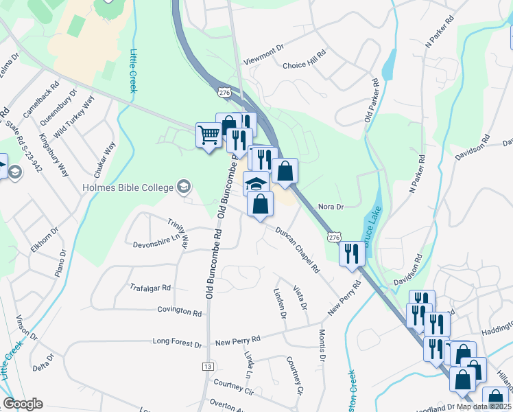 map of restaurants, bars, coffee shops, grocery stores, and more near 210 Duncan Chapel Road in Greenville