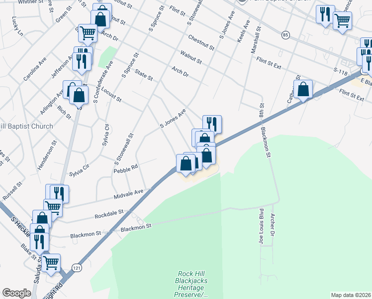map of restaurants, bars, coffee shops, grocery stores, and more near 768 Rockwood Drive in Rock Hill