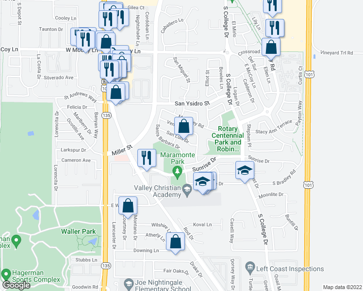 map of restaurants, bars, coffee shops, grocery stores, and more near 2740 Santa Barbara Drive in Santa Maria