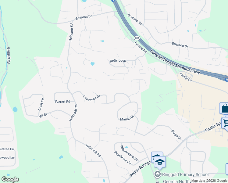 map of restaurants, bars, coffee shops, grocery stores, and more near 151 Sparrow Lane in Ringgold