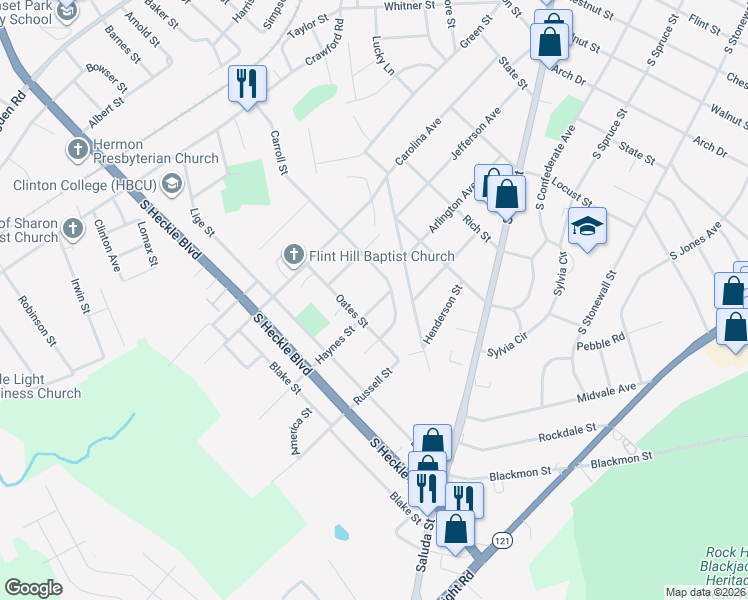 map of restaurants, bars, coffee shops, grocery stores, and more near 1136 Haynes Street in Rock Hill