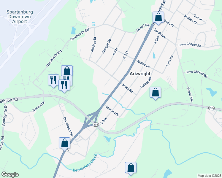 map of restaurants, bars, coffee shops, grocery stores, and more near 3340 South Church Street Extension in Spartanburg