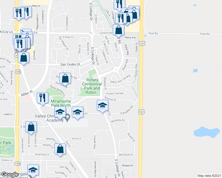 map of restaurants, bars, coffee shops, grocery stores, and more near 830 Sloan Terrace in Santa Maria