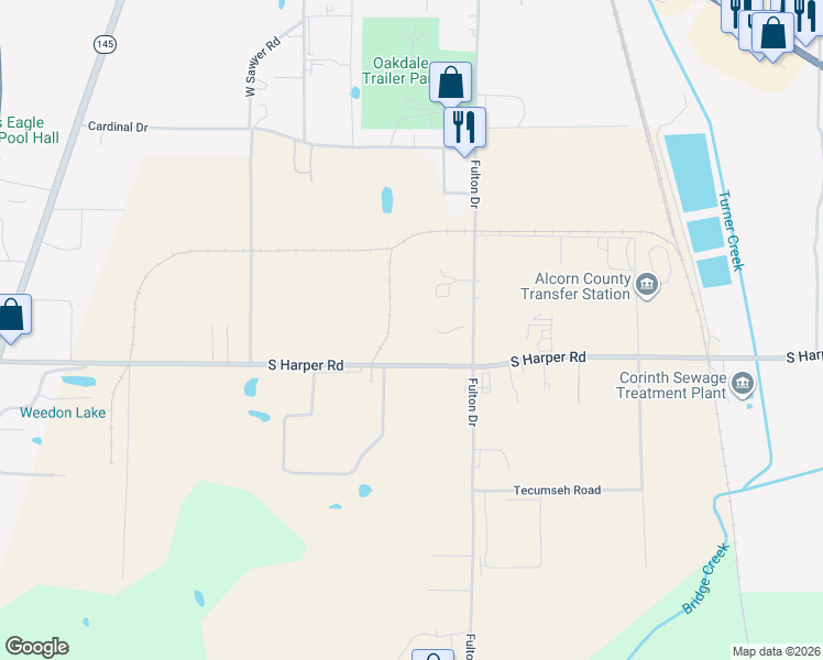 map of restaurants, bars, coffee shops, grocery stores, and more near 2712 South Harper Road in Corinth