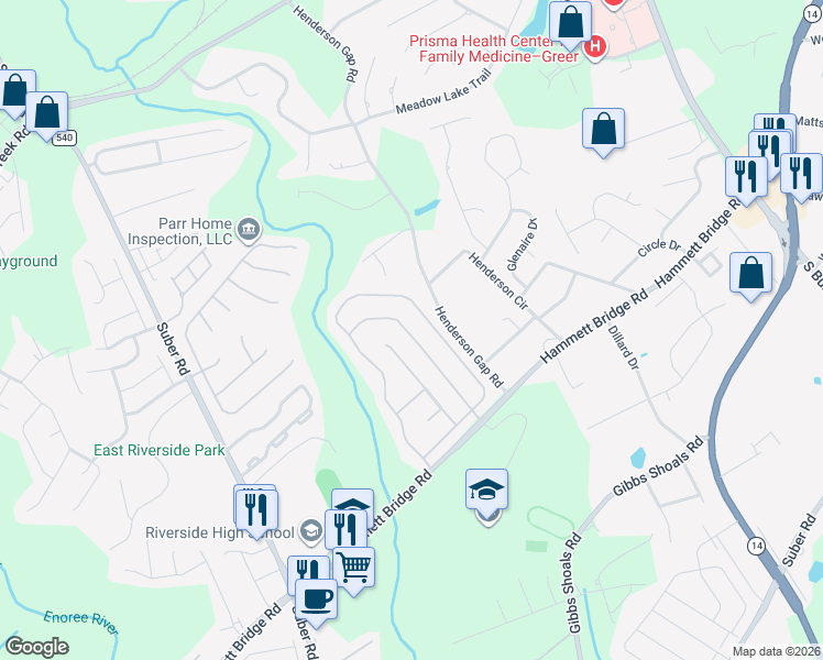 map of restaurants, bars, coffee shops, grocery stores, and more near 132 Fawnbrook Drive in Greer